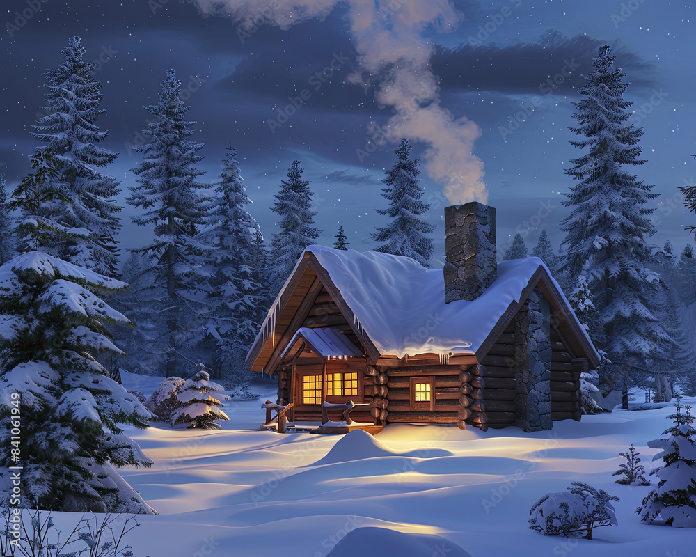 Warmly lit log cabin, snow-laden pines, smoke rising, cold twilight in the woods.