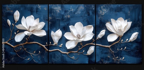 Fototapeta Naklejka Na Ścianę i Meble -  3 white magnolia flowers on branch, dark blue background, three panel wall art