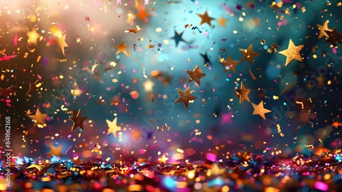 Abstract background A dynamic scene with golden stars confetti cascading against a gradient backdrop