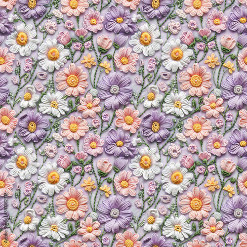 Floral embroidery from knitting wool, yarn, seamless pattern.