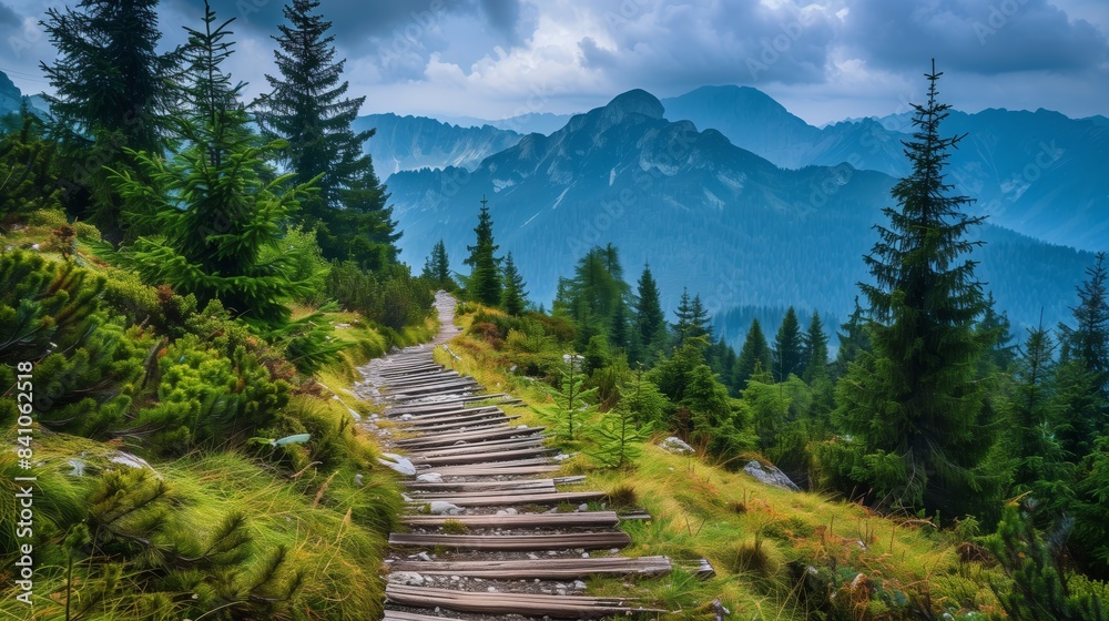 A picturesque mountain trail lined with railway sleepers winds through a dense pine forest, offering breathtaking views. A picturesque mountain trail lined with railway sleepers winds through a dense pine forest, offering breathtaking views.