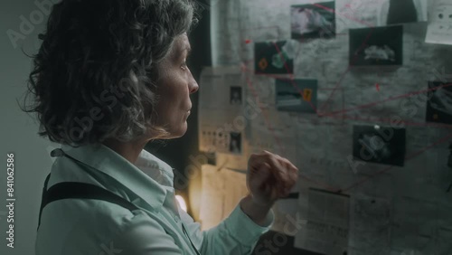 Medium close-up shot of mature Caucasian woman wearing shoulder holster standing in investigation bureau office, examining pin board with photos of suspects, analyzing murder and contemplating motive photo