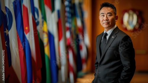 The picture of the asian man is working as the diplomat inside the room that has been filled with many national flag, the diplomat require skill like Negotiation, Communication and Leadership. AIG43.