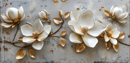 3d abstract flower artwork with golden and white flowers for interior decoration