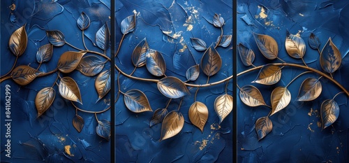 Fototapeta Naklejka Na Ścianę i Meble -  3d abstract leaves, vines and branches on dark blue background in three panel set for wall art design