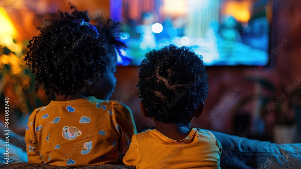 Fototapeta premium African-American children watching cartoons at home. copy space for text.