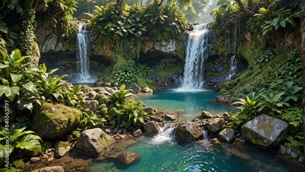 Obraz premium Lush Rainforest Waterfall with Crystal Clear Pool