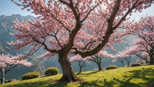 Pink Cherry Blossom Trees on Mountainside