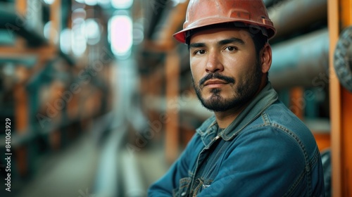 Serious Hispanic man in hard hat posing in industrial setting, intense gaze, confident worker, professional portrait, safety equipment, factory background