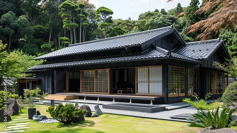 comfortable tiny modern japan black house design with beautiful asian style front yard garden. copy space for text. comfortable tiny modern japan black house design with beautiful asian style front yard garden. copy space for text.
