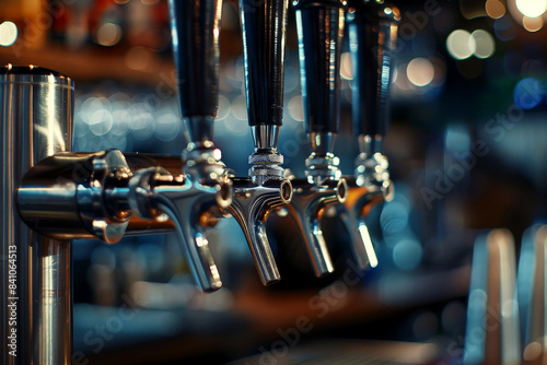 Closeup of beer tap handles lines in a bar against a dark background photo