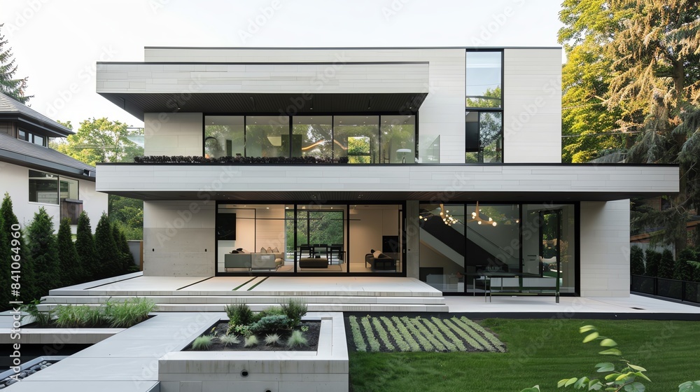 Minimalist house facade with sleek geometric shapes, large windows, and simple landscaping, contemporary look Minimalist house facade with sleek geometric shapes, large windows, and simple landscaping, contemporary look