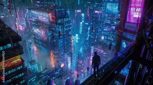 Neonlit cyberpunk adventure in a dark urban jungle, highly detailed, vibrant colors, hightech gadgets, futuristic setting photo