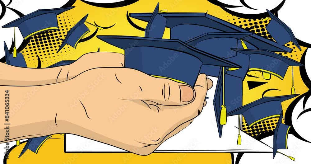 Cartoon Graduation hats, comic book video. Retro comics pop art design ...