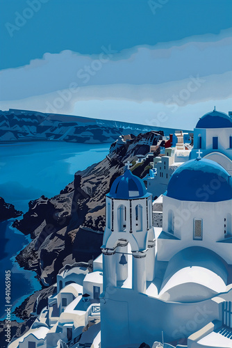 Greece - Minimalist illustration of Santorinis iconic blue and white buildings photo