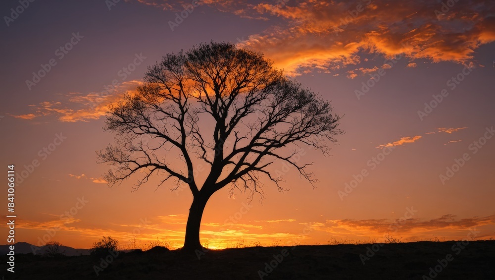Fototapeta premium Silhouette of a tree against a fiery sunset sky