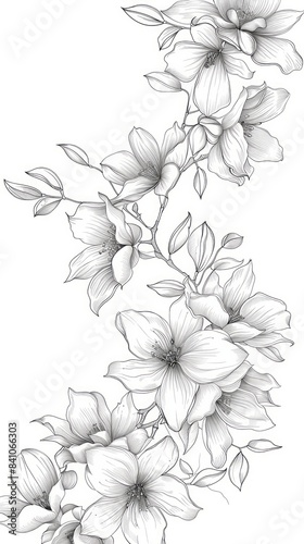 A delicate, black and white drawing of a graceful outline of orchids and magnolia flowers, wallpaper, card