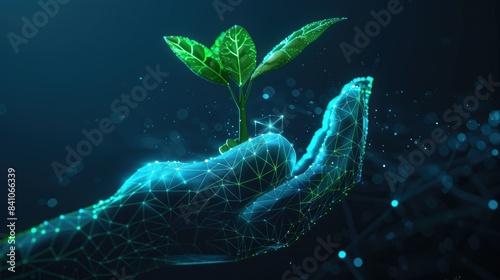 Hand open palm holds the sprout. Glowing Low Poly Wireframe Vector Illustration on Blue Technology Background AI generated