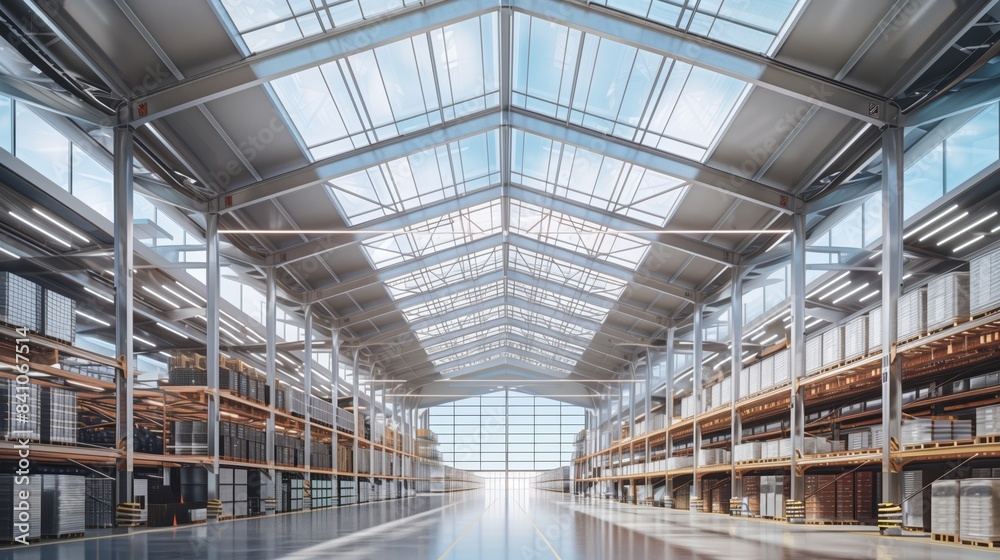 Natural light floods the energy-efficient logistics center through skylights, illuminating organized aisles. Natural light floods the energy-efficient logistics center through skylights, illuminating organized aisles.