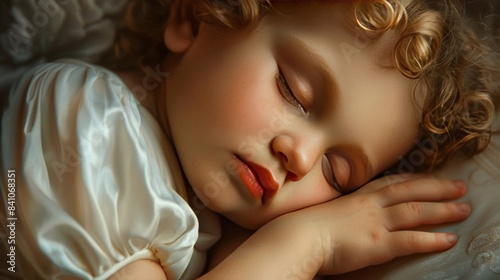 An angelic-faced child with chubby cheeks and soft curls, peacefully sleeping in their mother's arms.