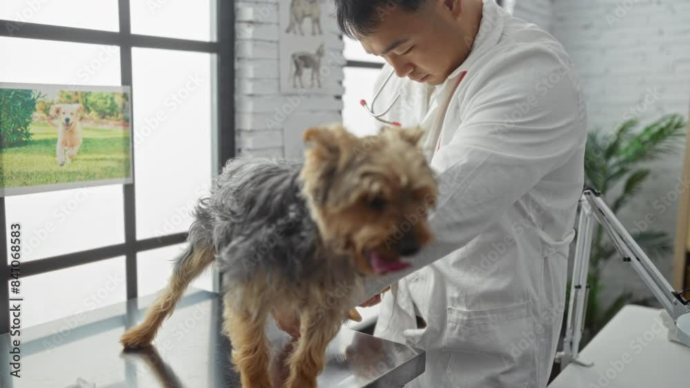 A young asian man in a veterinary clinic examines a small dog on an examination table with medical tools by his side. A young asian man in a veterinary clinic examines a small dog on an examination table with medical tools by his side.
