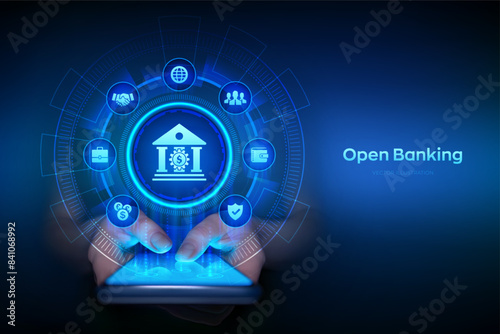 Open banking. Banking service. API financial technology. Fintech concept on virtual screen. Smartphone in hands. Using smartphone. Vector illustration.