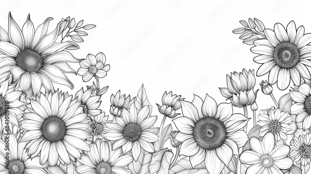 A black and white drawing of a border of sunflowers and other flowers, perfect for a whimsical design, wallpaper, card, copy space