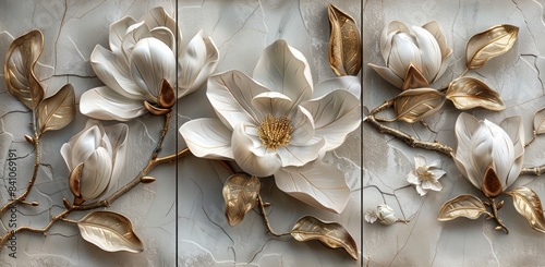 3D floral art, magnolia flower, white background, marble texture, triptych design for wallpaper