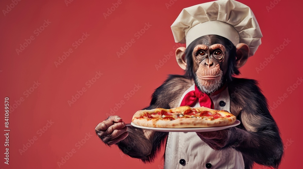 Chimpanzee Chef Holding Fresh Pizza Against Red Background Chimpanzee Chef Holding Fresh Pizza Against Red Background