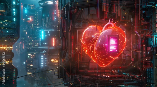 Cyberpunkinspired heart, glowing with neon, surrounded by holograms, dark futuristic city, ultradetailed, vibrant colors, techinfused photo