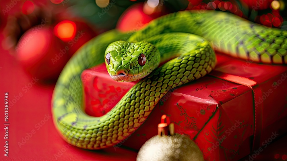 Fototapeta premium Festive Green Snake on Christmas Present with Decorations