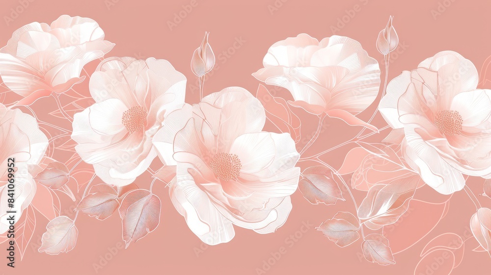 illustration of white flowers with delicate pink outlines, set against a soft pink background, wallpaper, card illustration of white flowers with delicate pink outlines, set against a soft pink background, wallpaper, card