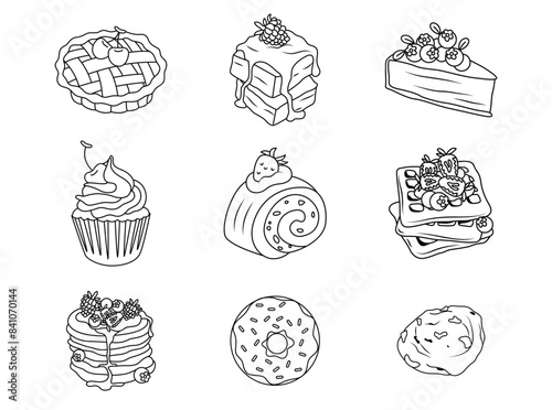 Set of pastry dessert outline vector graphics