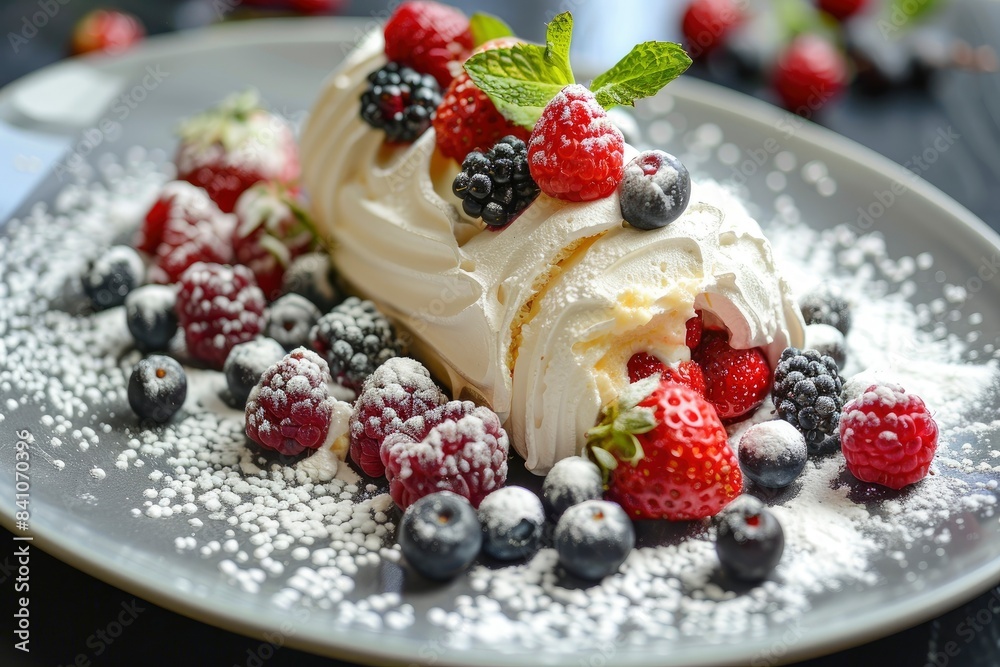 meringue roll with fresh berries - generative ai meringue roll with fresh berries - generative ai