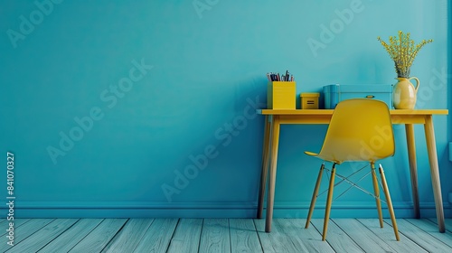 Modern Home Office Setup with Bright Yellow Chair and Accessories Against Teal Wall