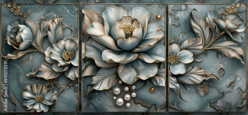 3d floral pattern, gray and teal with silver accents, three panels, marble background for home interior decoration