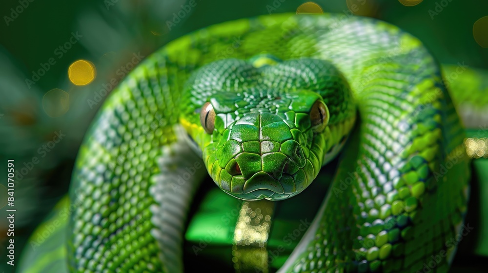 Close-up of Vibrant Green Snake on Leafy Background Close-up of Vibrant Green Snake on Leafy Background