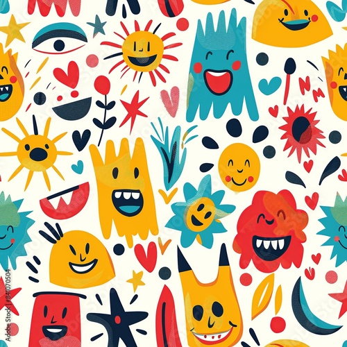 A playful illustration of happy faces  each one expressive and full of life  surrounded by whimsical shapes and bright colors  evoking the joyful spirit of kindergarten creativity. Minimal pattern