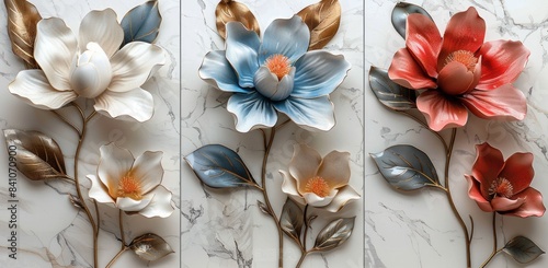 3D floral wall art design, magnolia flower in different colors and leaves on white marble background for home decoration