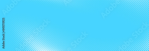 Light blue halftone pattern. Retro comic gradient background. Turquoise pixelated dotted texture overlay. Cartoon pop art faded gradient pattern. Vector backdrop for poster, banner, advertisement