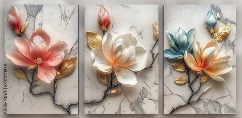 3D floral wall art design, magnolia flower in different colors and leaves on white marble background for home decoration