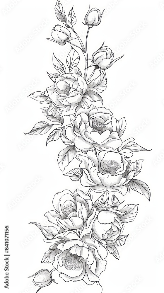 A black and white line art drawing of a flower featuring roses and peonies, wallpaper, card A black and white line art drawing of a flower featuring roses and peonies, wallpaper, card