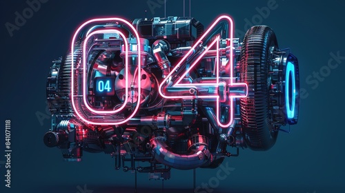 Bold Number '04': Mechanical Parts in Techno Architectural Style, Bright Neon Tubes, and Metal Details © Li
