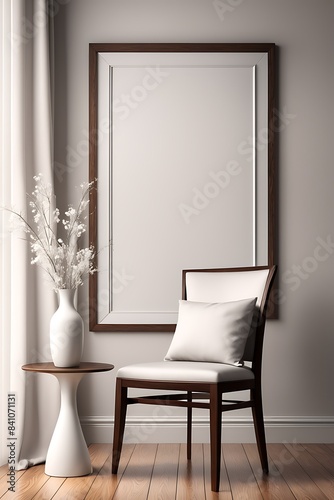 Wooden frame mockup close up standing near chair and vase in interior  3d render