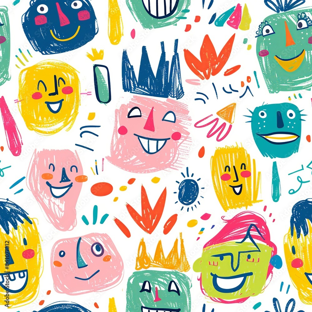 A sweet crayon drawing of various happy faces, each with rosy cheeks and wide eyes, surrounded by playful doodles and bright, bold colors, evoking the joyful spirit of kindergarten art. Minimal A sweet crayon drawing of various happy faces, each with rosy cheeks and wide eyes, surrounded by playful doodles and bright, bold colors, evoking the joyful spirit of kindergarten art. Minimal