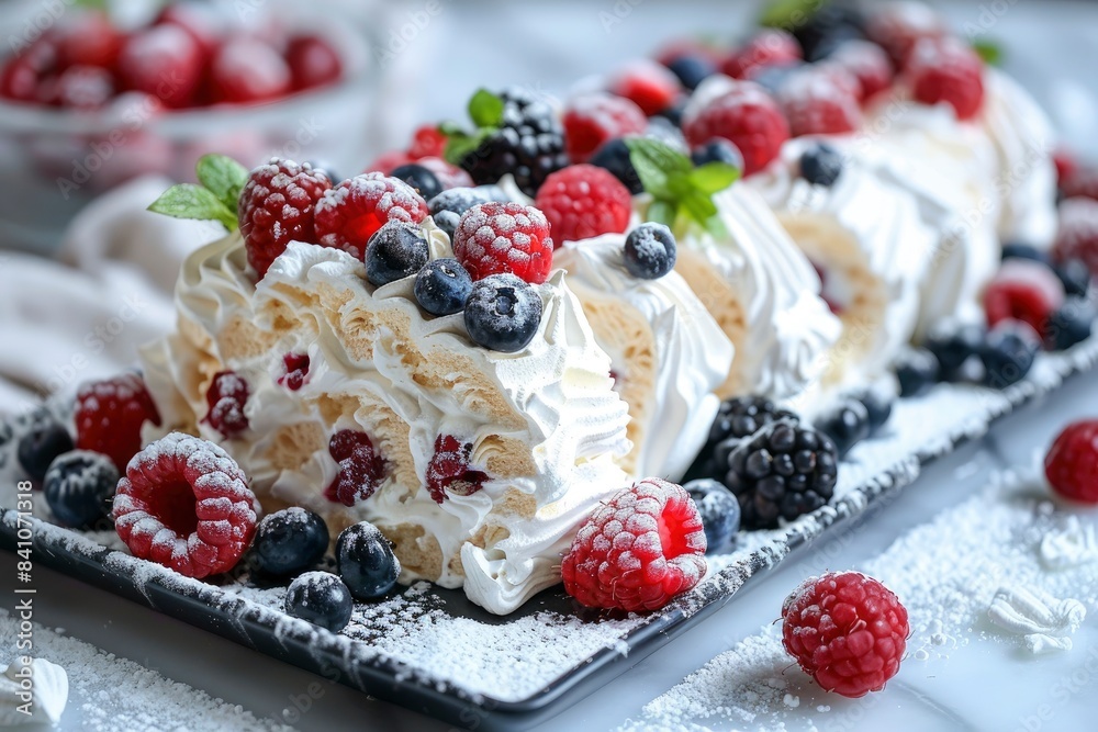 meringue roll with fresh berries - generative ai meringue roll with fresh berries - generative ai