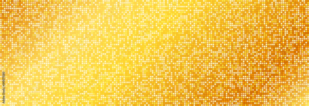 Golden disco party pattern. Yellow square sequin mosaic texture background. Abstract gold shining glitter halftone wallpaper. Sparkling glitter backdrop. Retro vector design template