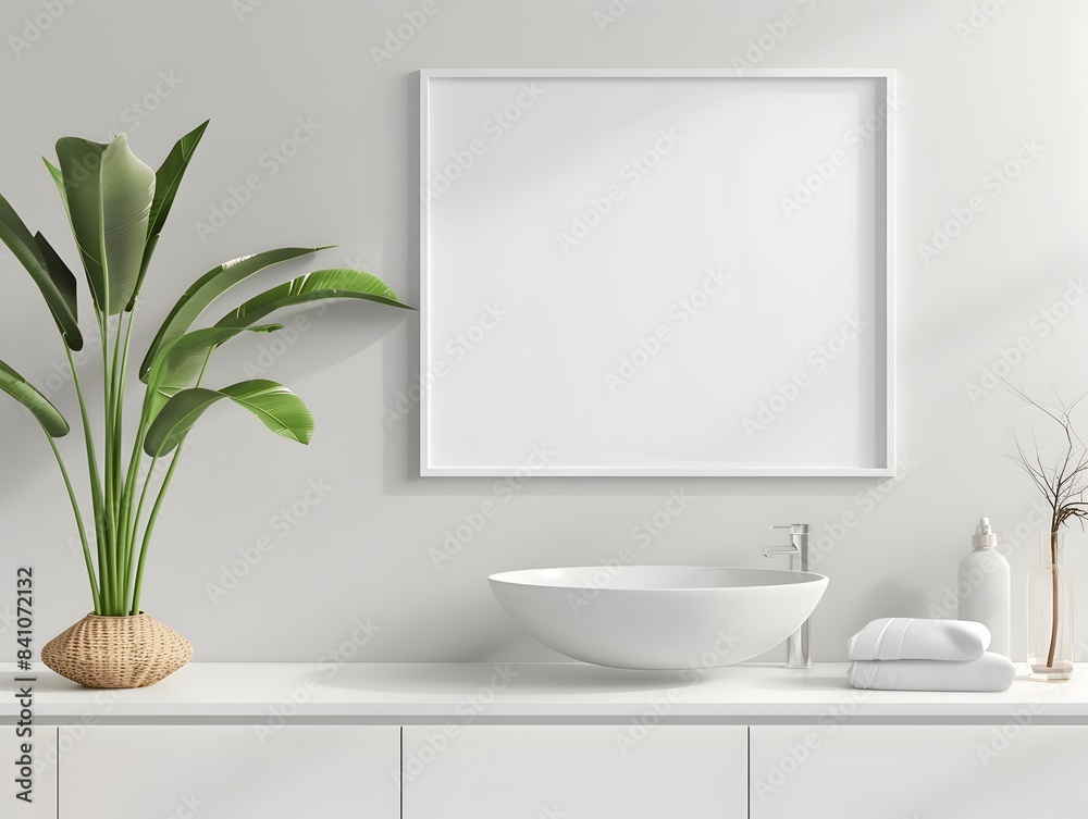 Fototapeta premium Elegant Minimalist Bathroom with Vanity,Sink,and Potted Plant