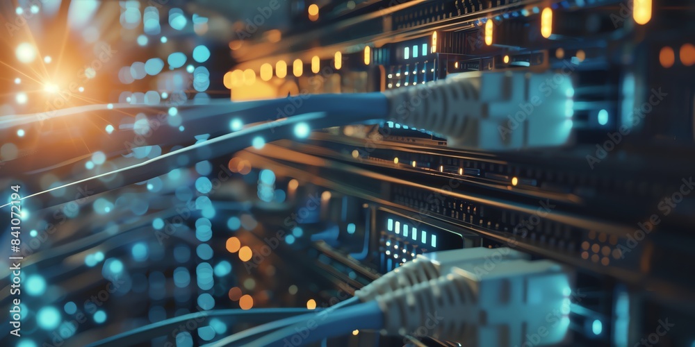High speed data transfer between equipment in the network of fiber optic cables. The data center had many small blue wires connected to white circuit boards on top of black server cabinets