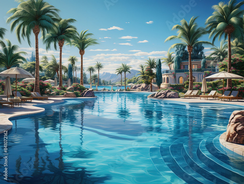 Eyecatching, The shimmering surface of a luxurious swimming pool surrounded by palm trees © MdMaruf